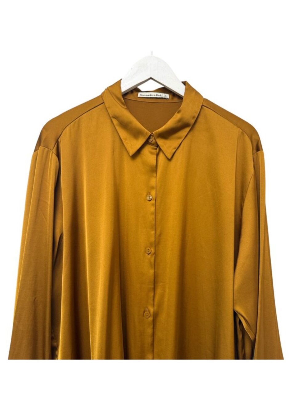 Abercrombie & Fitch Satin Blouse XL Golden Brown Button Up Womens Top - Picture 2 of 9